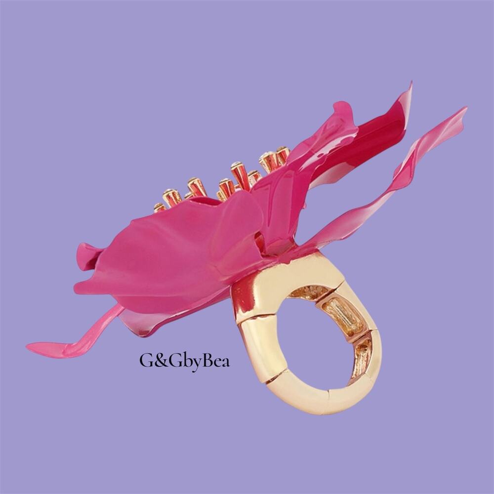 Betsey Johnson large orchid cocktail Purple Pink Stretch Ring - Picture 3 of 7